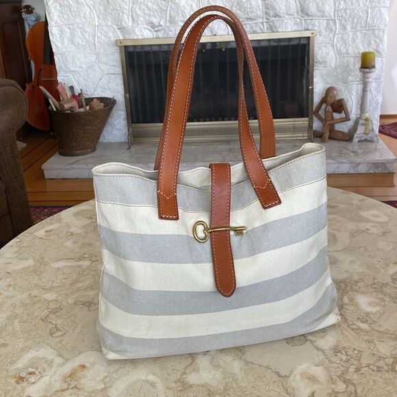 Fossil Austin Cream Blue Stripe Coated Canvas Leather Nautical Tote Shoulder Bag - Picture 14 of 15